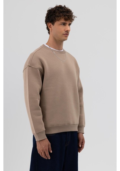 Basic Bisiklet Yaka Oversize Sweatshirt Vizon indirimleri