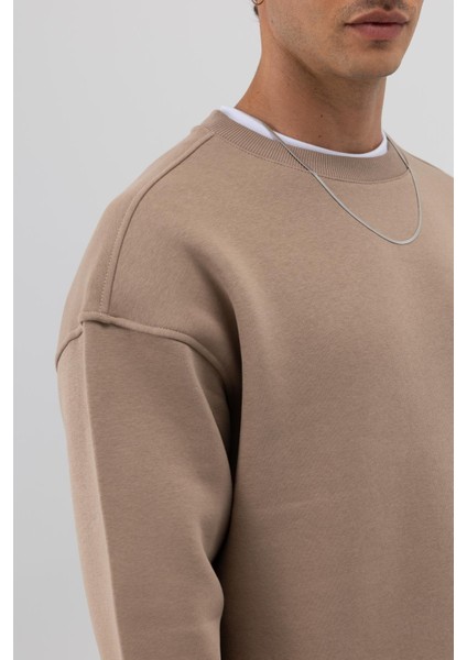 Basic Bisiklet Yaka Oversize Sweatshirt Vizon