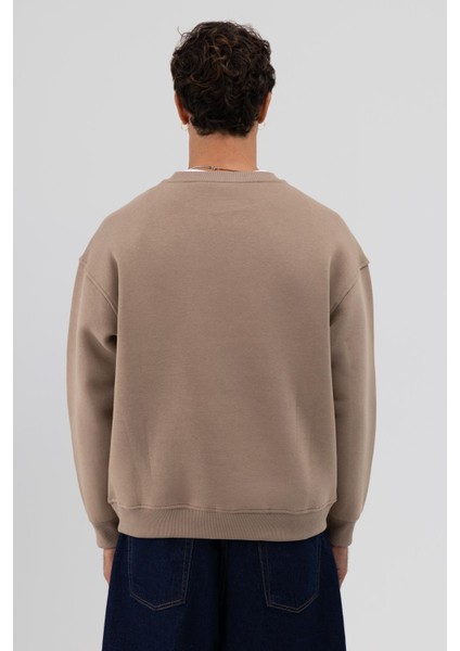 Basic Bisiklet Yaka Oversize Sweatshirt Vizon