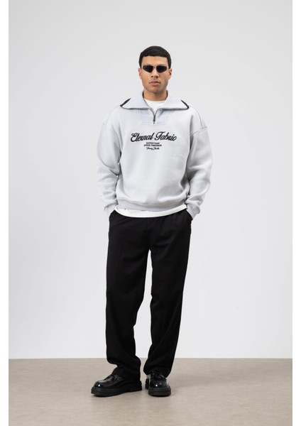 Oversize Fermuarlı Yaka Sweatshirt Açık Gri