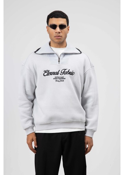 Oversize Fermuarlı Yaka Sweatshirt Açık Gri modelleri