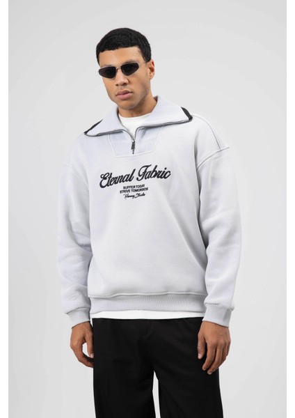 Oversize Fermuarlı Yaka Sweatshirt Açık Gri fırsatları