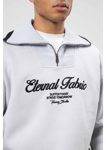 Oversize Fermuarlı Yaka Sweatshirt Açık Gri indirimleri