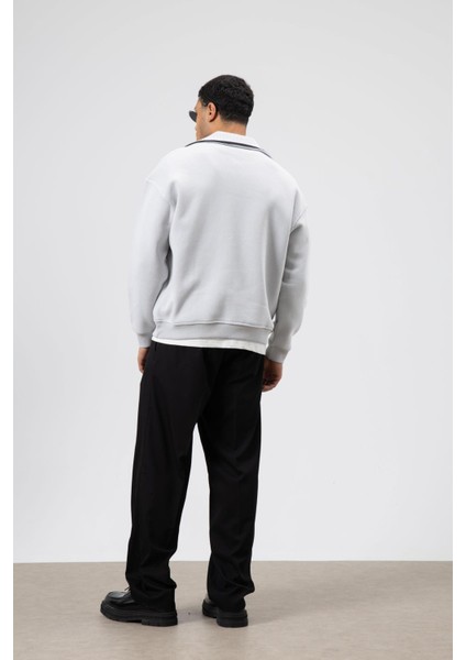 Oversize Fermuarlı Yaka Sweatshirt Açık Gri