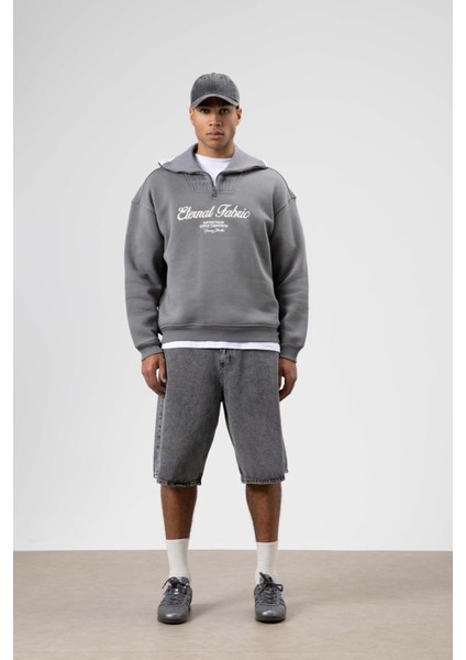 Oversize Fermuarlı Yaka Sweatshirt Füme