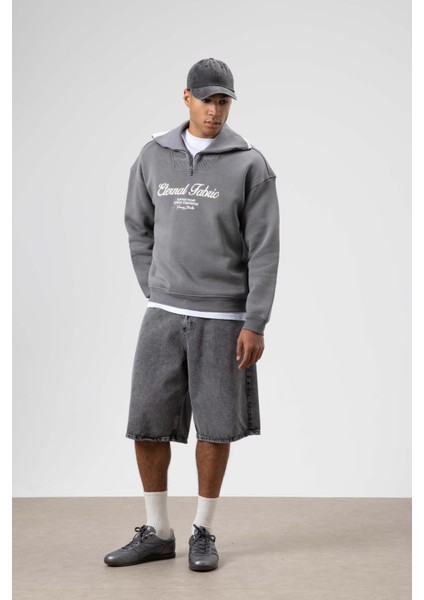Oversize Fermuarlı Yaka Sweatshirt Füme fiyatları