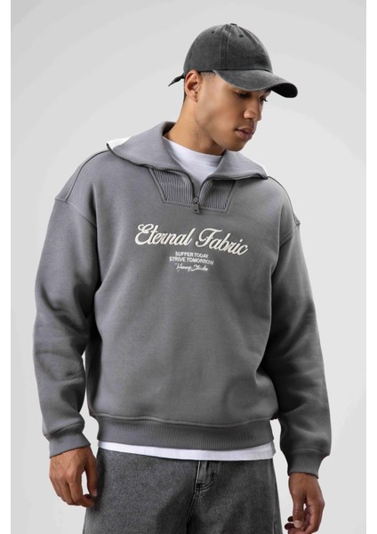 Oversize Fermuarlı Yaka Sweatshirt Füme modelleri