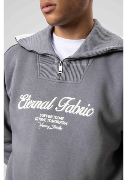 Oversize Fermuarlı Yaka Sweatshirt Füme fırsatları