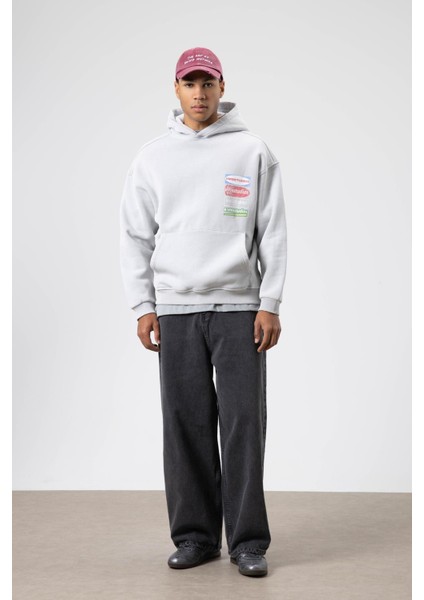 Oversize Yıkamalı Baskılı Kapüşonlu Sweatshirt Açık Gri
