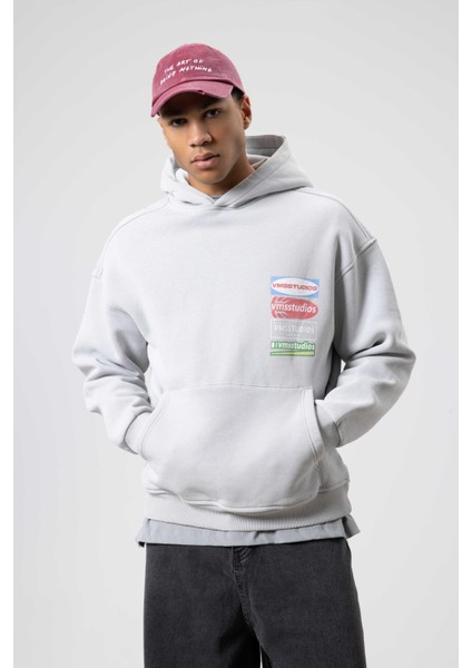 Oversize Yıkamalı Baskılı Kapüşonlu Sweatshirt Açık Gri fiyatları