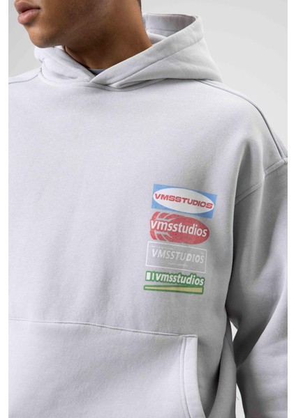 Oversize Yıkamalı Baskılı Kapüşonlu Sweatshirt Açık Gri modelleri