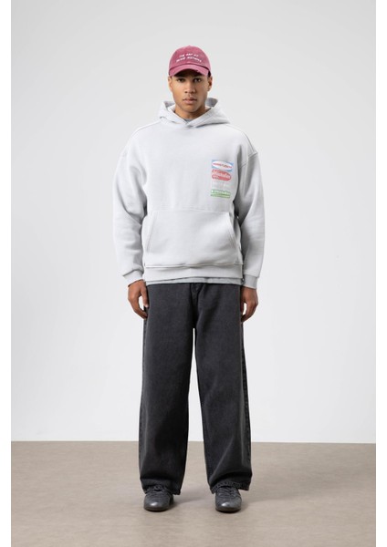 Oversize Yıkamalı Baskılı Kapüşonlu Sweatshirt Açık Gri indirimleri