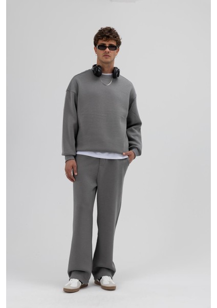 Basic Bisiklet Yaka Oversize Sweatshirt Füme