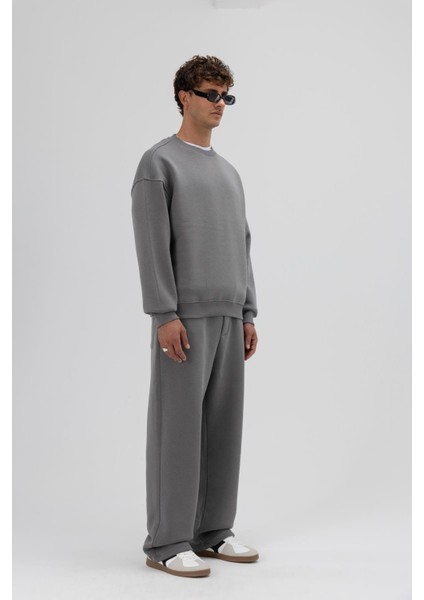 Basic Bisiklet Yaka Oversize Sweatshirt Füme modelleri