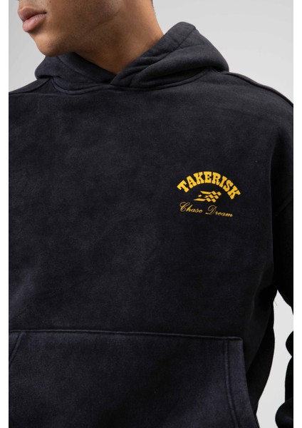Oversize Yıkamalı Boxy Fit Kapüşonlu Sweatshirt Siyah modelleri