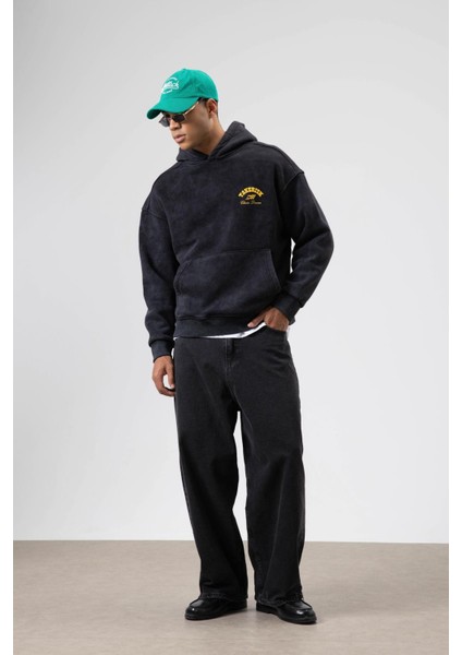Oversize Yıkamalı Boxy Fit Kapüşonlu Sweatshirt Siyah fırsatları