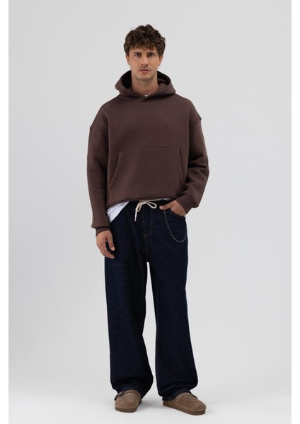 Basic Kapüşonlu Boxy Fit Sweatshirt Kahve