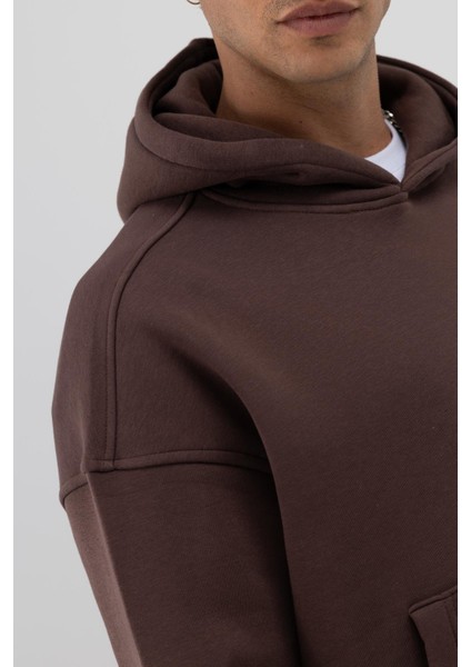 Basic Kapüşonlu Boxy Fit Sweatshirt Kahve