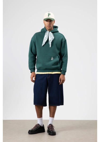 Oversize Fular Detaylı Kapüşonlu Sweatshirt Nefti