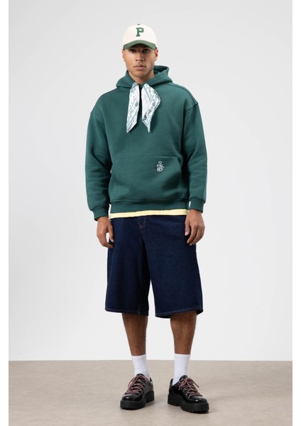 Oversize Fular Detaylı Kapüşonlu Sweatshirt Nefti indirimleri