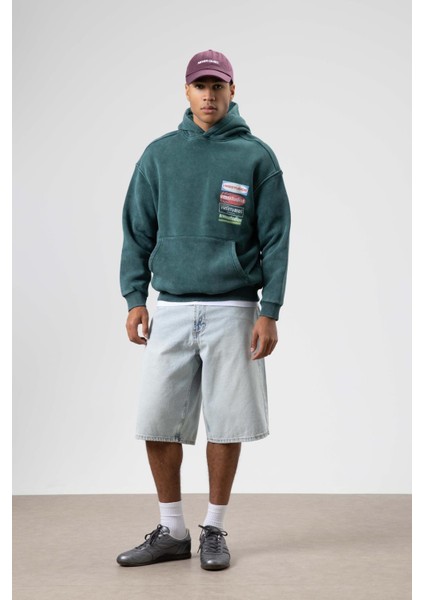 Oversize Yıkamalı Baskılı Kapüşonlu Sweatshirt Nefti