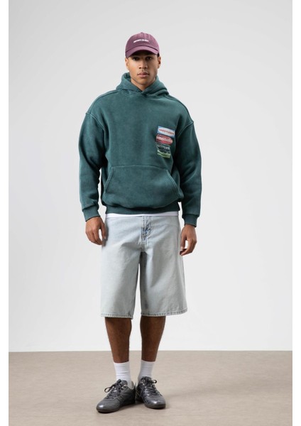 Oversize Yıkamalı Baskılı Kapüşonlu Sweatshirt Nefti fiyatları