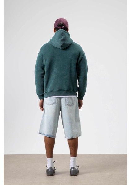 Oversize Yıkamalı Baskılı Kapüşonlu Sweatshirt Nefti indirimleri