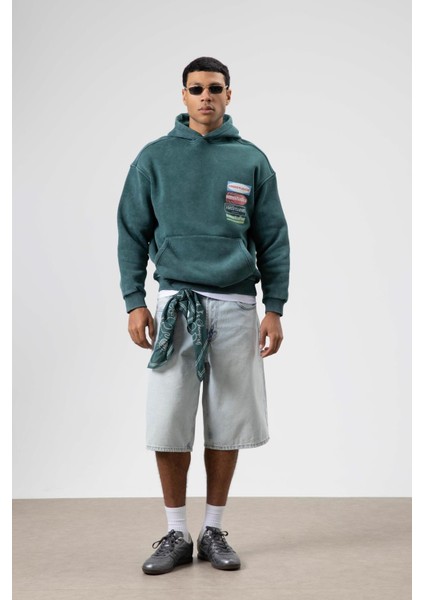 Oversize Yıkamalı Baskılı Kapüşonlu Sweatshirt Nefti