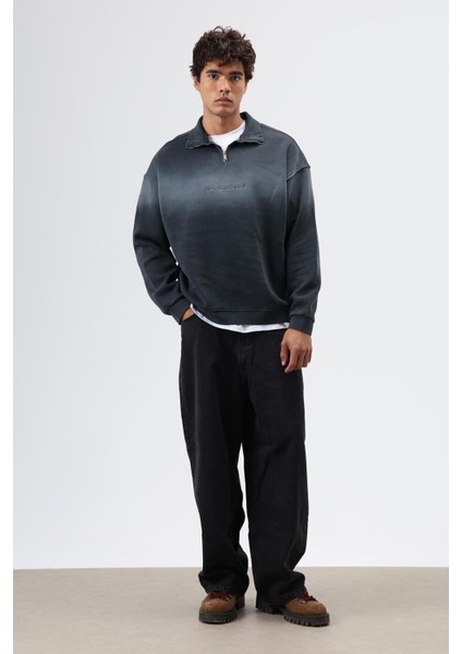 Yaka Fermuarlı Oversize Sweatshirt Siyah