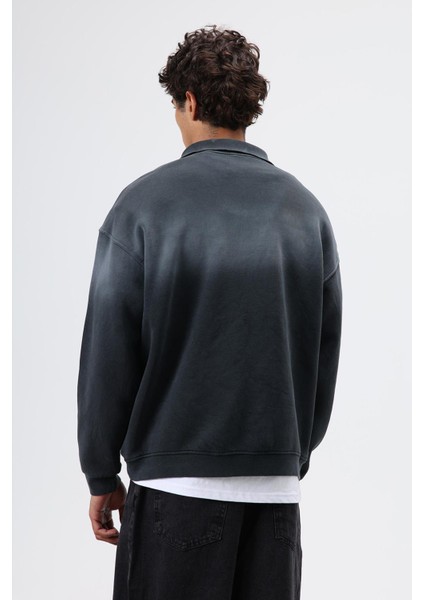 Yaka Fermuarlı Oversize Sweatshirt Siyah