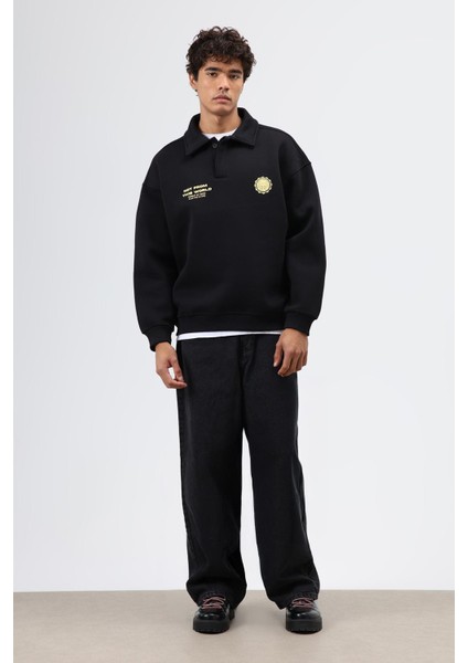 Polo Yaka Oversize Baskılı Yıkamalı Sweatshirt Siyah