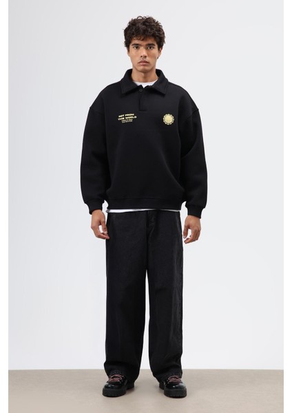 Polo Yaka Oversize Baskılı Yıkamalı Sweatshirt Siyah fiyatları