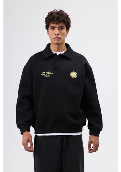 Polo Yaka Oversize Baskılı Yıkamalı Sweatshirt Siyah modelleri