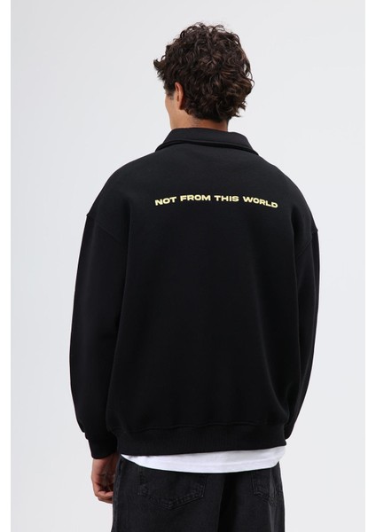 Polo Yaka Oversize Baskılı Yıkamalı Sweatshirt Siyah