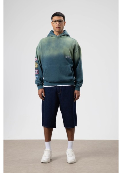 Oversize Baskılı Kapüşonlu Sweatshirt Nefti