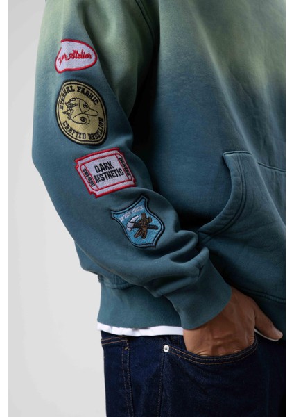 Oversize Baskılı Kapüşonlu Sweatshirt Nefti