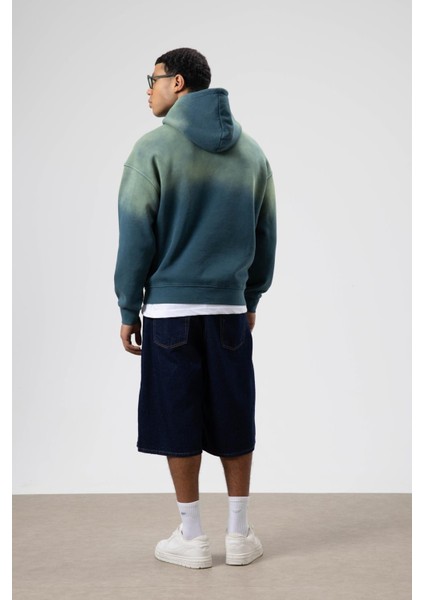 Oversize Baskılı Kapüşonlu Sweatshirt Nefti