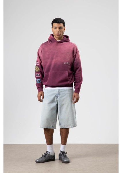 Oversize Baskılı Kapüşonlu Sweatshirt Bordo