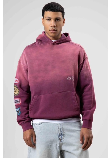Oversize Baskılı Kapüşonlu Sweatshirt Bordo fırsatları