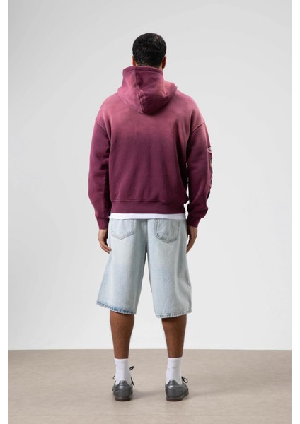 Oversize Baskılı Kapüşonlu Sweatshirt Bordo