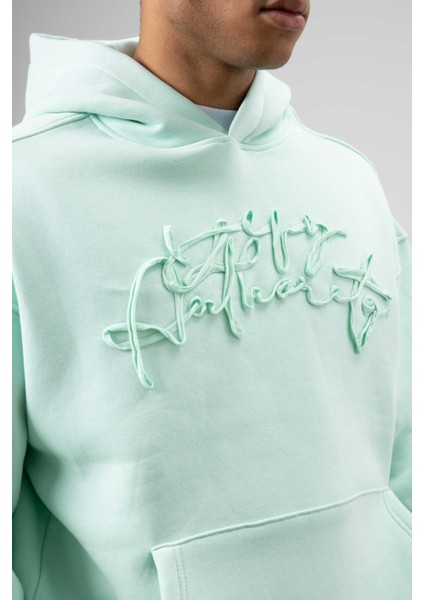Oversize Baskılı Kapüşonlu Sweatshirt Mint modelleri