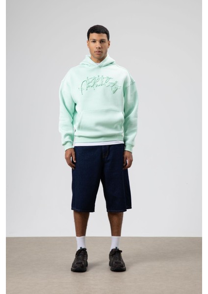 Oversize Baskılı Kapüşonlu Sweatshirt Mint indirimleri