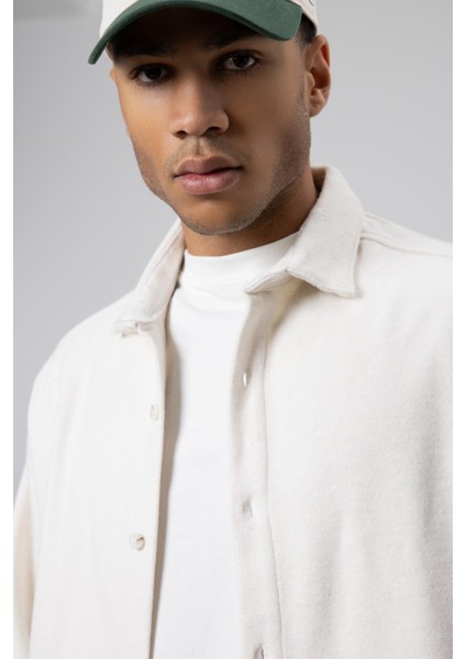 Dokulu Oversize Gömlek Ceket Ekru modelleri