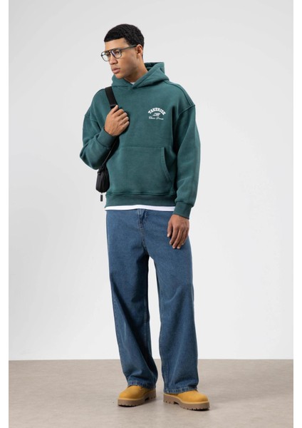 Oversize Yıkamalı Boxy Fit Kapüşonlu Sweatshirt Nefti