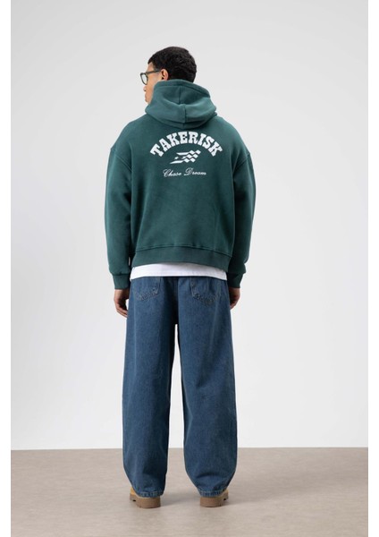 Oversize Yıkamalı Boxy Fit Kapüşonlu Sweatshirt Nefti indirimleri