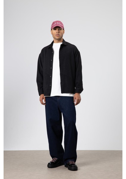 Dokulu Oversize Gömlek Ceket Siyah