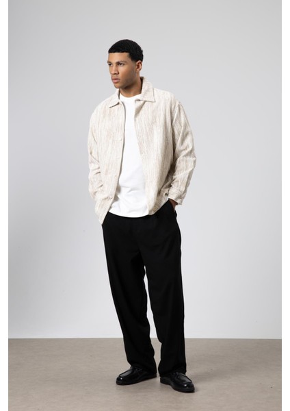 Oversize Dokulu Gömlek Ekru