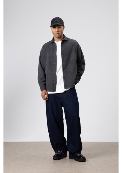 Dokulu Oversize Gömlek Ceket Antrasit