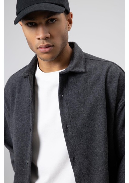 Dokulu Oversize Gömlek Ceket Antrasit modelleri