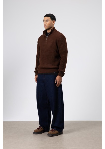 Fermuarlı Örme Triko Kazak Kahve